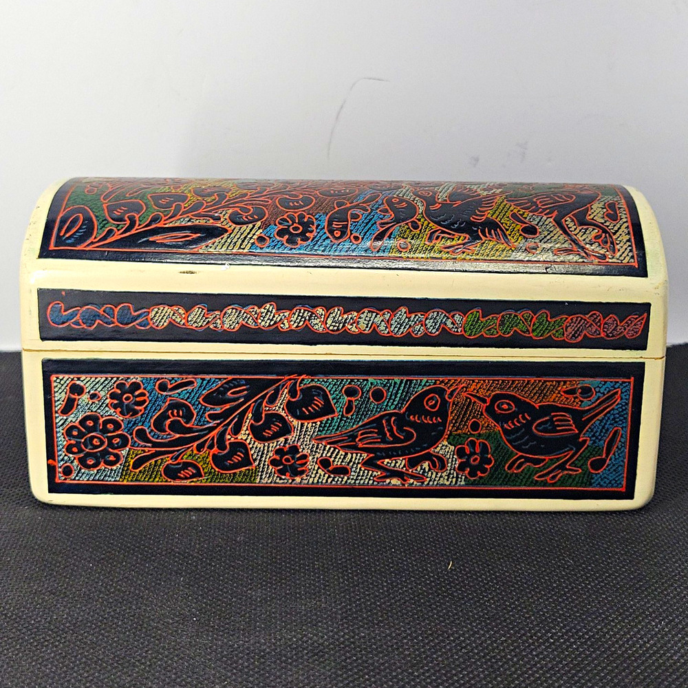 Mexican Style Folk Art Wood Jewelry Trinket Box Birds Flowers Hinged Domed Lid